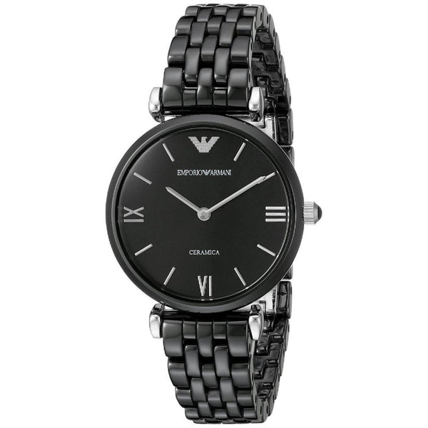 Emporio Armani Ceramica AR1487 black dial black ceramic quartz ladies watch front view