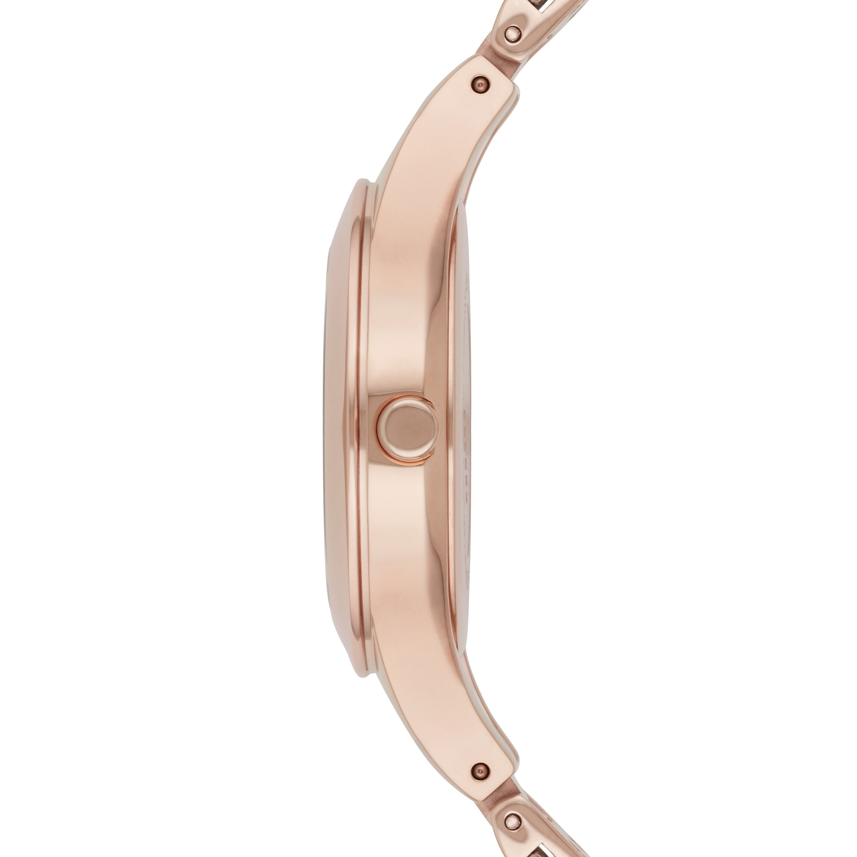 Side profile of Emporio Armani Chiara watch showing rose gold case thickness