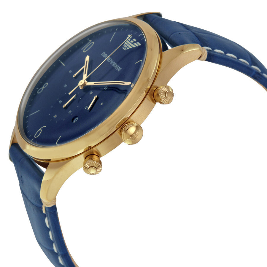 Side angle view showing blue leather strap and gold chronograph pushers