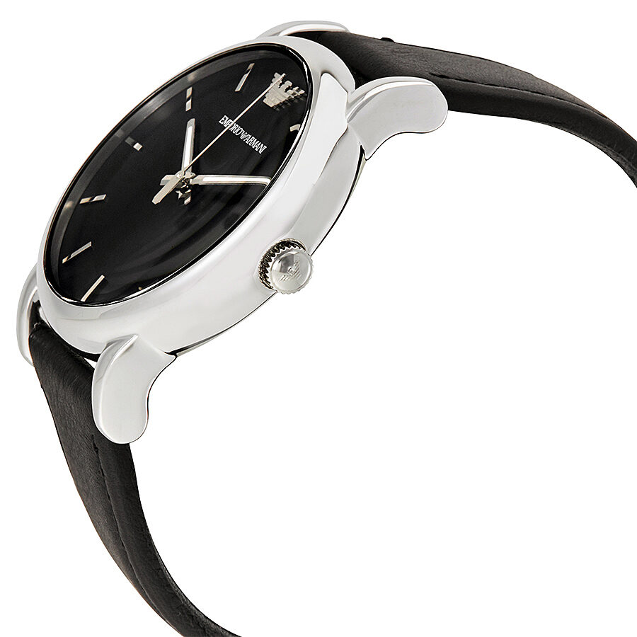 Side angle view of Emporio Armani Classic watch showing case profile and leather strap
