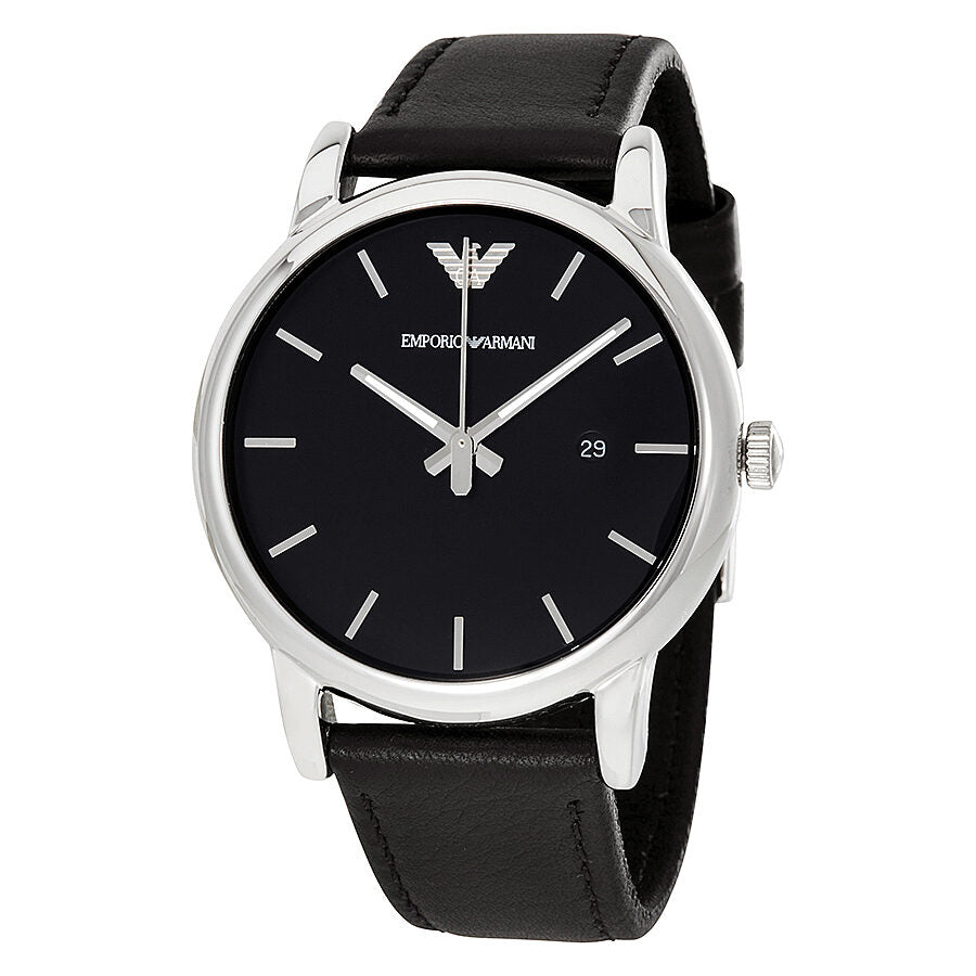 Emporio Armani Classic black dial watch with silver case and black leather strap