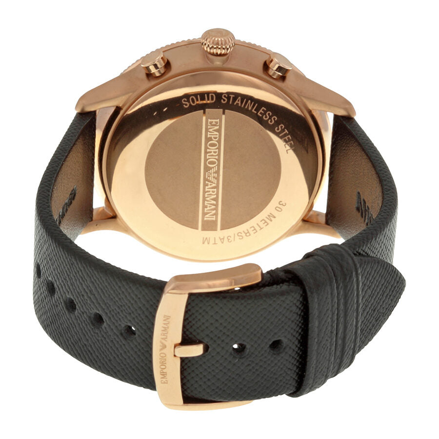 AR1792 solid stainless steel rose gold caseback with Emporio Armani engraving and black leather strap