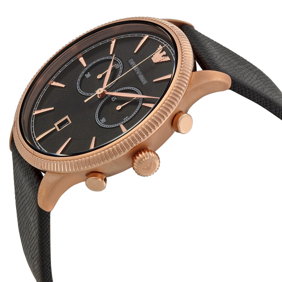 Side angle view of AR1792 rose gold chronograph with black dial and dual chronograph subdials