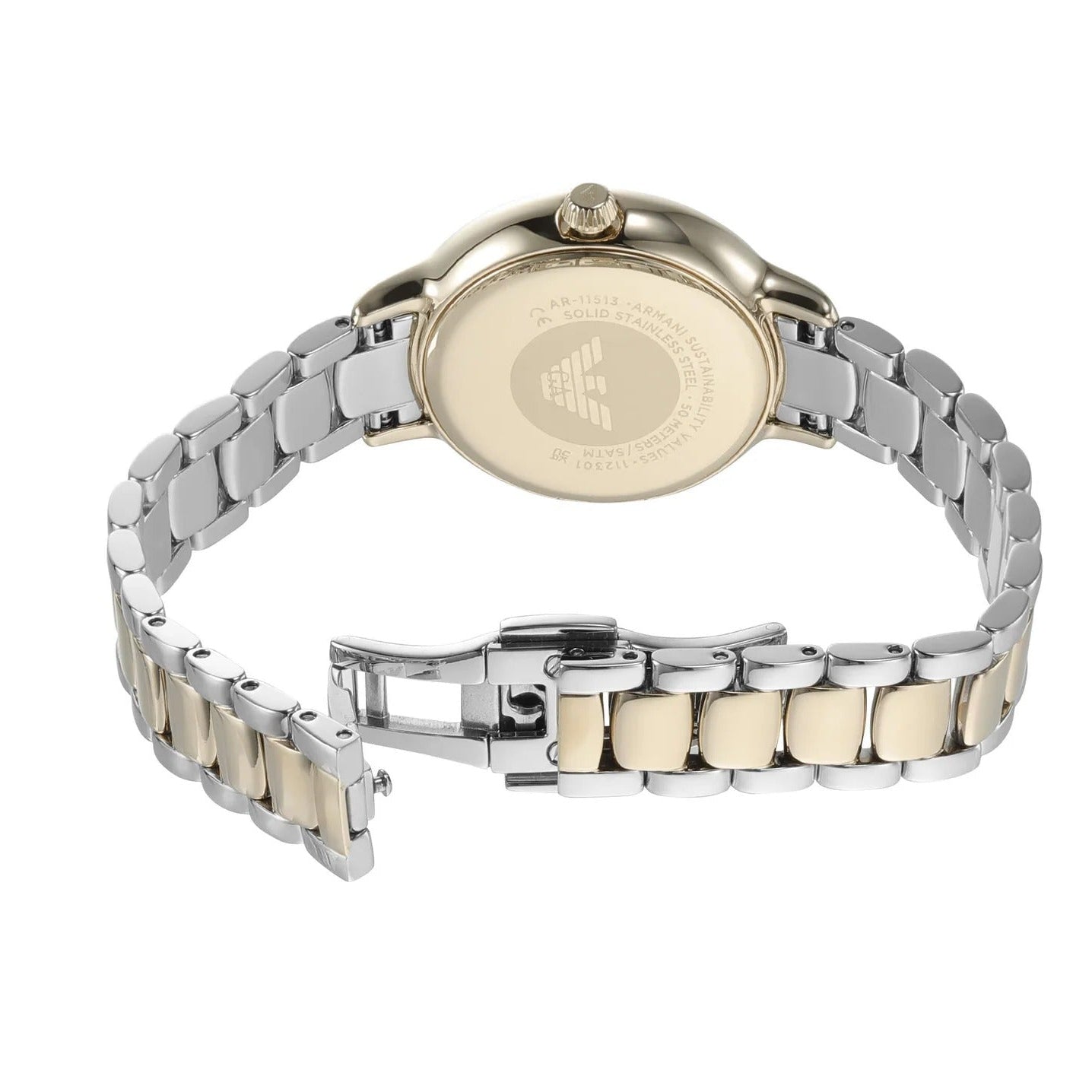 Emporio Armani Cleo watch at angle showing two-tone gold and silver steel bracelet