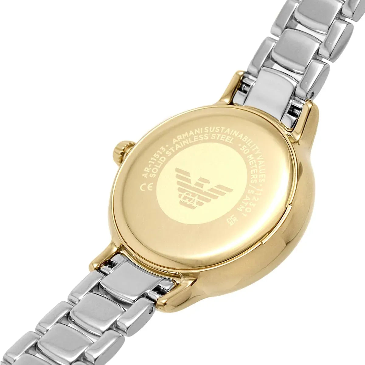 Emporio Armani Cleo caseback with eagle logo and steel material markings