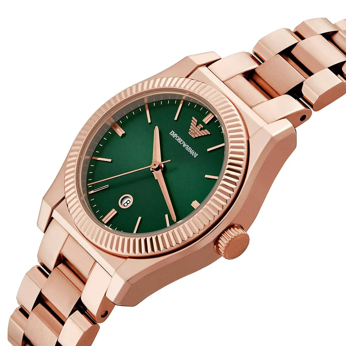 Emporio Armani Federica women's watch with green dial, rose gold case and steel bracelet, angled view