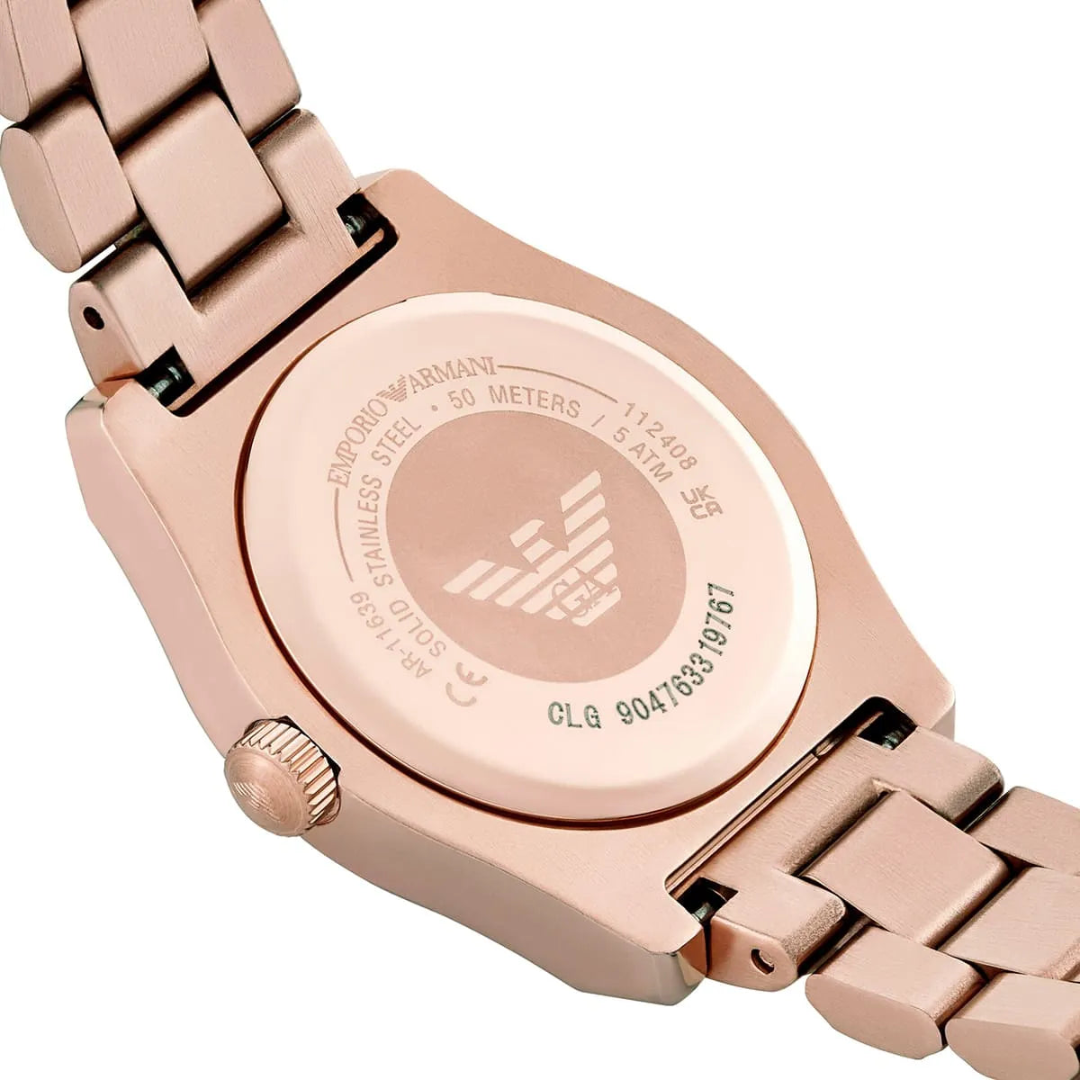 Emporio Armani Federica watch caseback showing Armani eagle logo and specifications on rose gold steel back