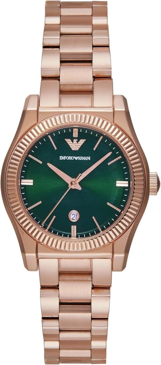 Emporio Armani Federica women's watch with green dial and rose gold steel bracelet, front view