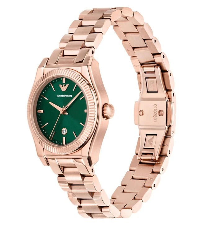 Emporio Armani Federica women's watch with green dial and rose gold steel strap displayed on wrist
