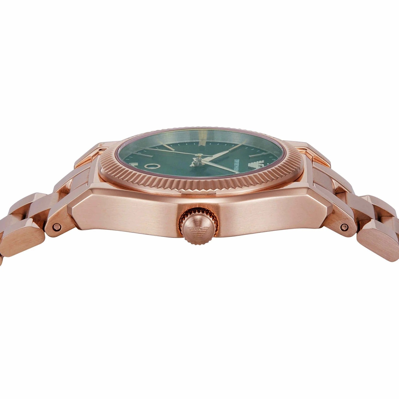 Emporio Armani Federica watch side view showing rose gold case, bezel detail and steel strap