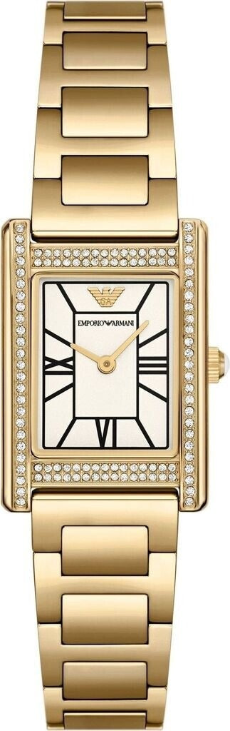 Emporio Armani Genni AR11659 women's watch with white mother-of-pearl dial, crystal-set bezel, and gold steel strap
