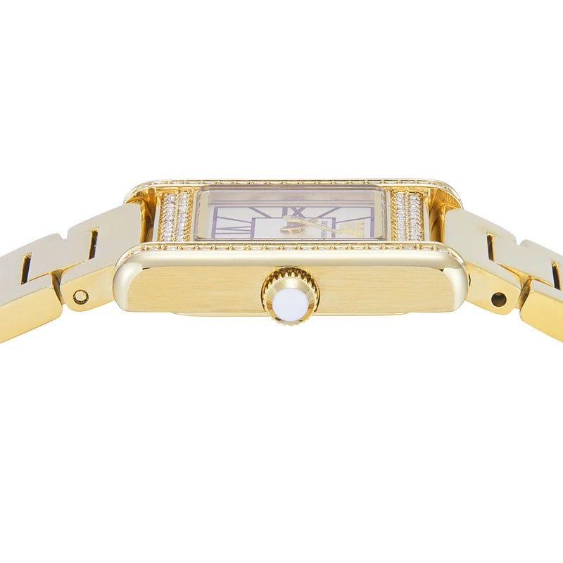 Angled view of Emporio Armani Genni watch displaying crystal-set bezel and white dial detail