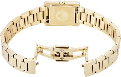 Bottom view of Emporio Armani Genni watch bracelet showing clasp and gold-tone links