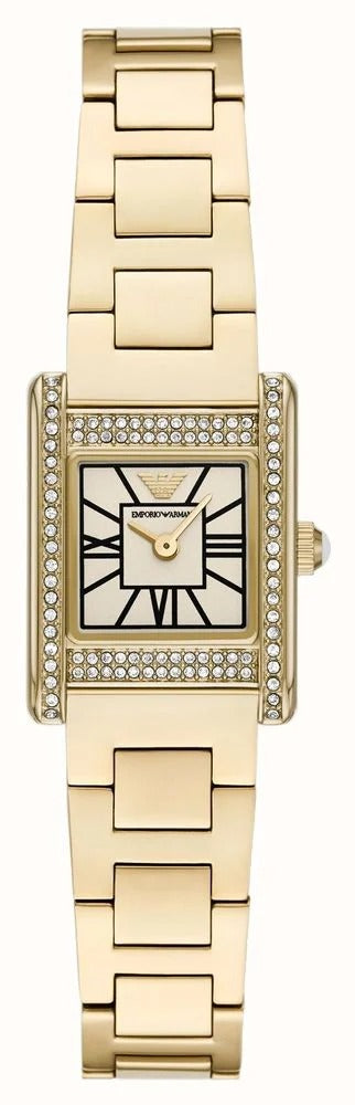 Emporio Armani Genni women's watch with white dial, gold-tone case, crystal bezel, and matching bracelet