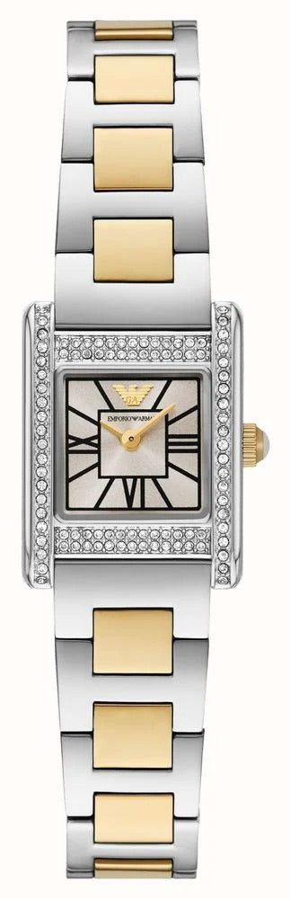 Emporio Armani Genni women's watch with rectangular crystal-set case, two-tone stainless steel bracelet