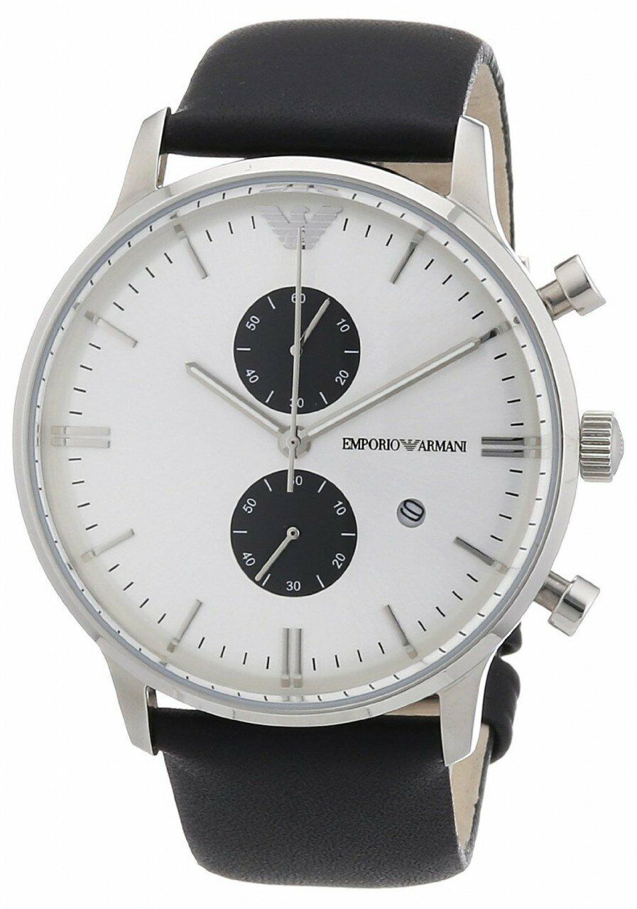 Emporio Armani Gianni chronograph watch angled view showing white dial and black subdials