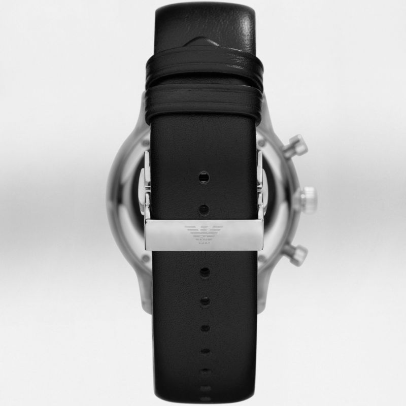 Black leather strap with Emporio Armani caseback detail on AR0397 watch