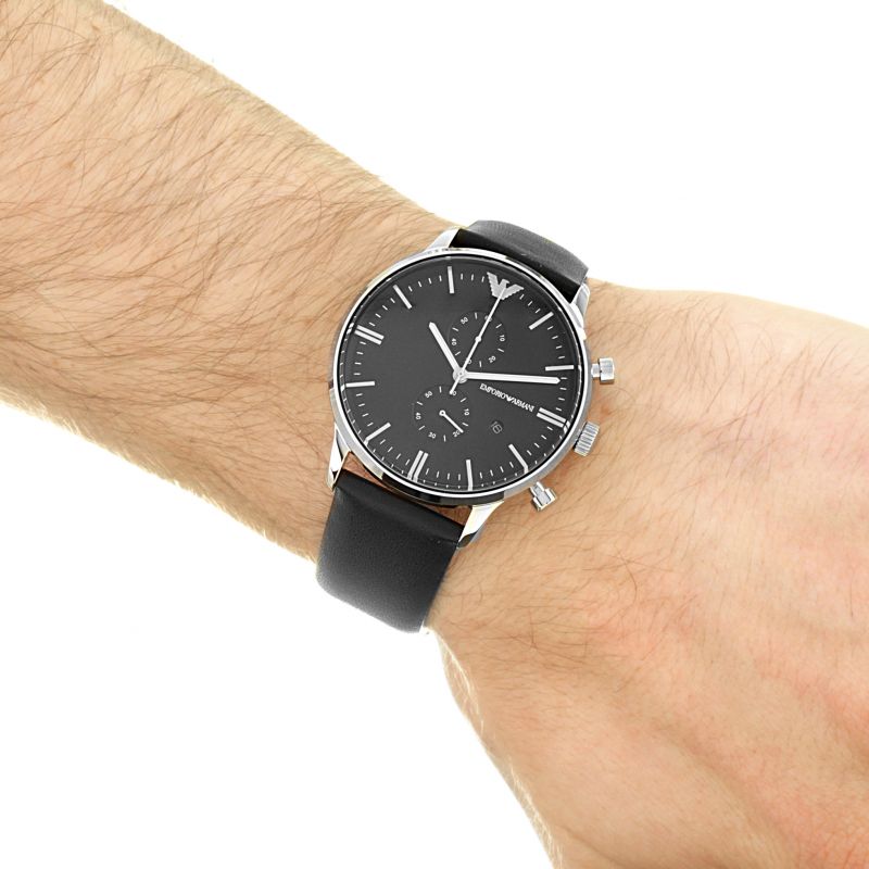 Emporio Armani Gianni AR0397 chronograph watch worn on wrist with black leather strap