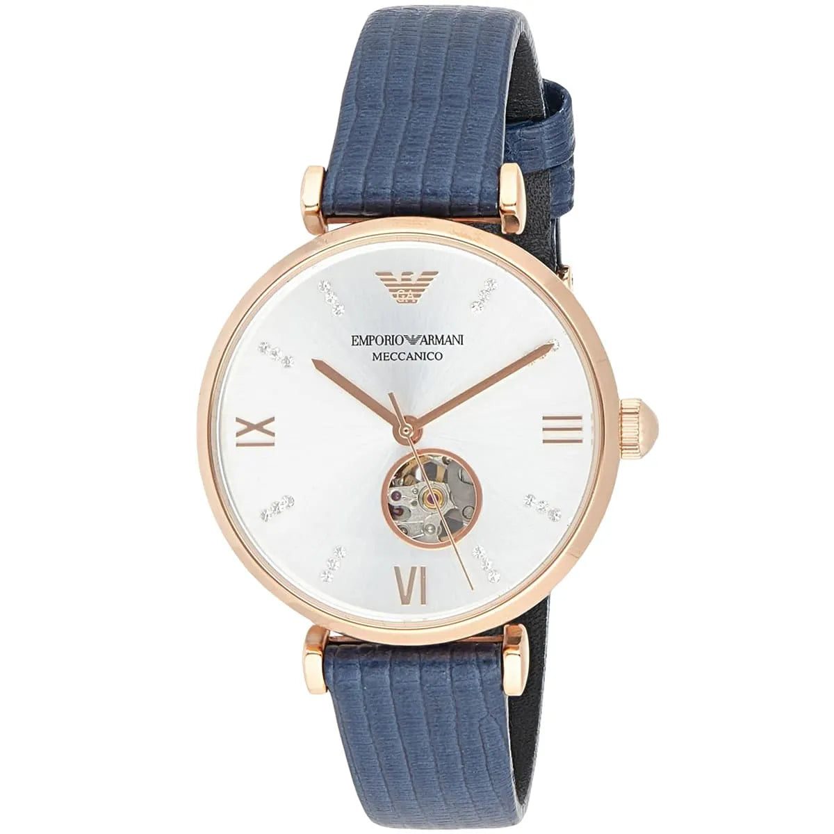 Emporio Armani Gianni rose gold watch angled view showing white dial with rose gold markers and open heart