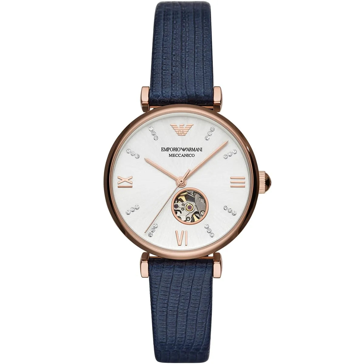 Emporio Armani Gianni T-Bar rose gold mechanical women's watch with white dial and navy leather strap