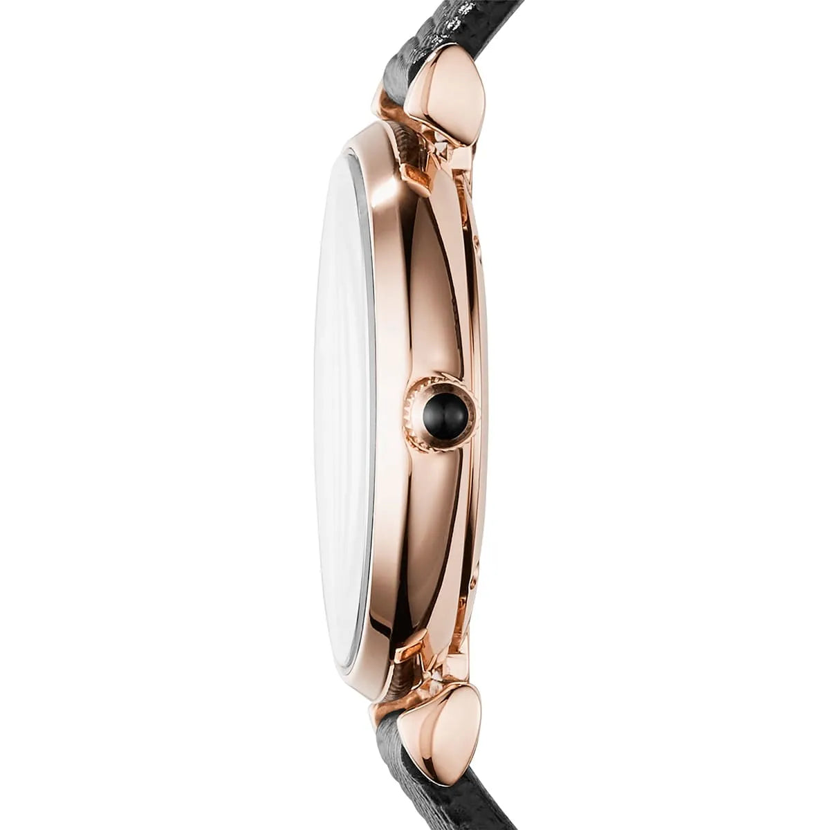 Side profile of Gianni T-Bar watch showing rose gold case thickness and black strap