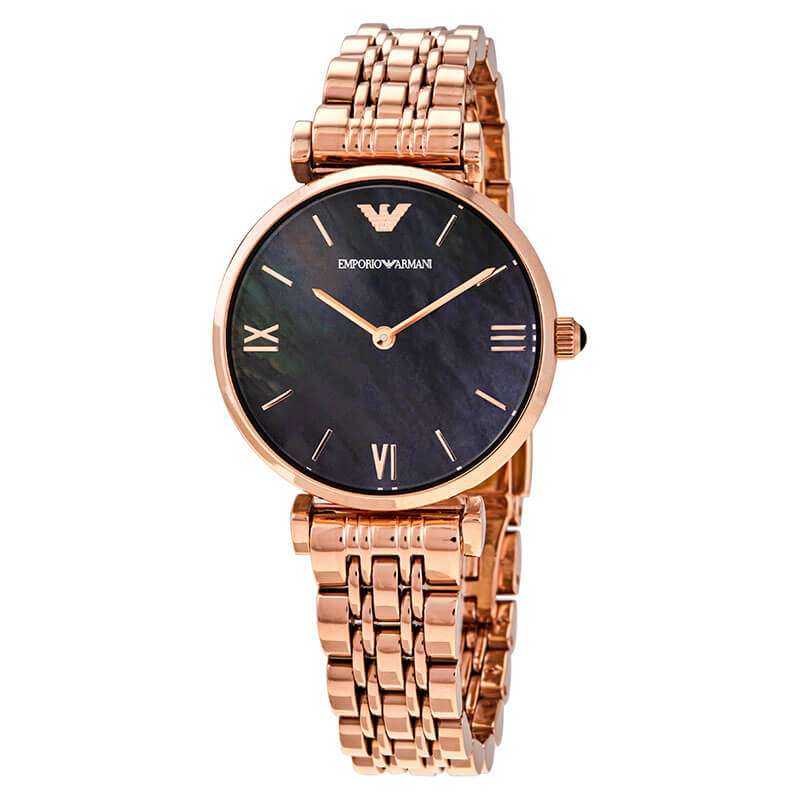 Emporio Armani Gianni T-Bar ladies watch with black mother of pearl dial and rose gold bracelet