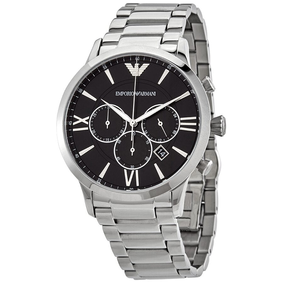 Emporio Armani Giovanni chronograph watch with black dial, Roman numerals, and stainless steel bracelet