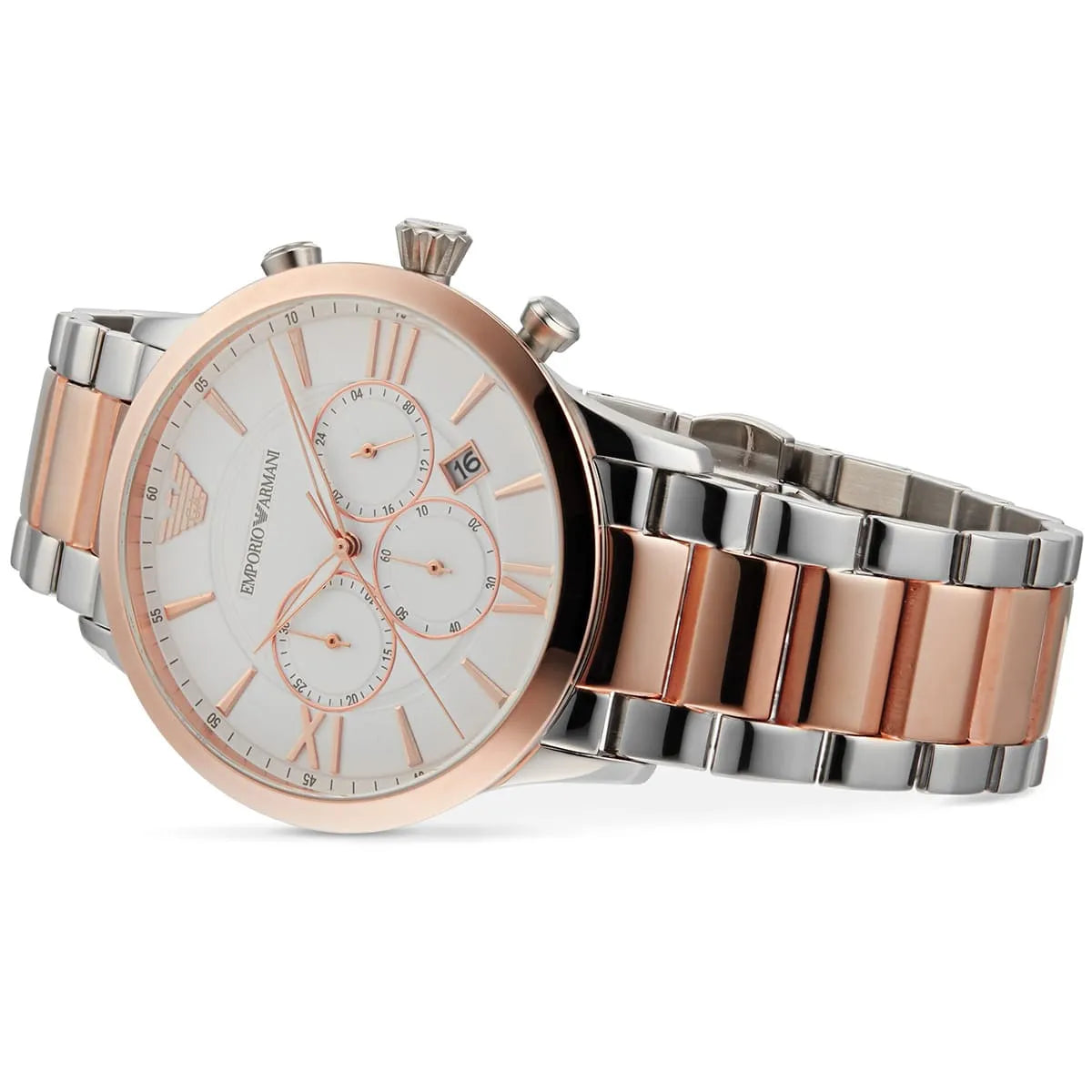 Emporio Armani Giovanni AR11209 watch with white dial, rose gold bezel, and two-tone steel bracelet