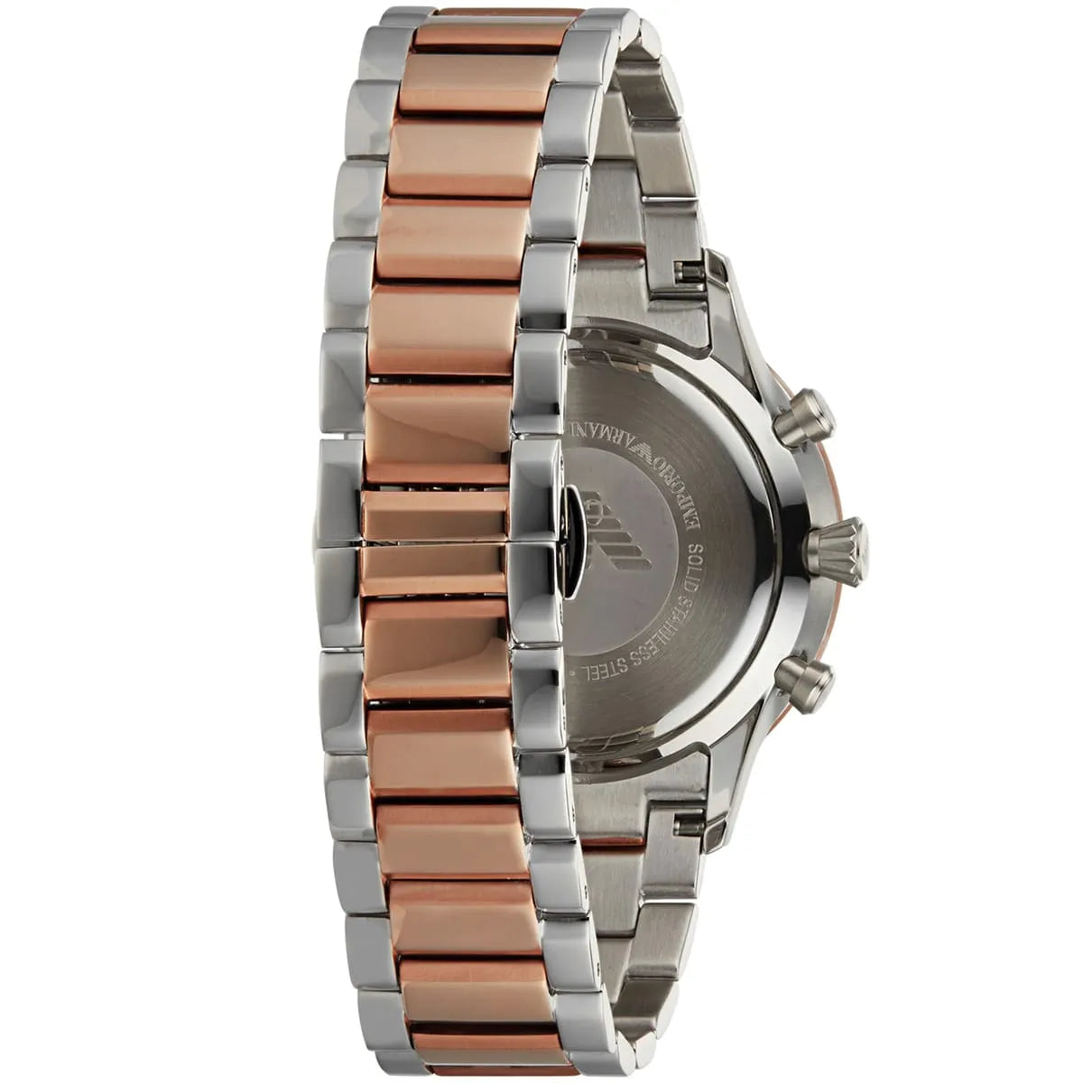 Emporio Armani Giovanni AR11209 caseback showing two-tone steel and rose gold bracelet construction