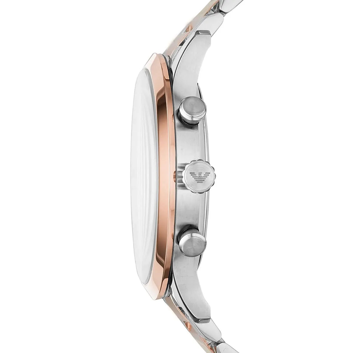 Emporio Armani Giovanni AR11209 side profile showing chronograph pushers and two-tone bracelet