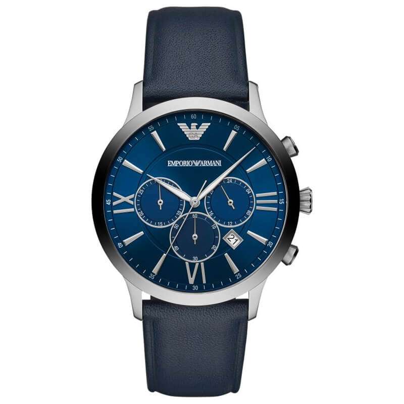Emporio Armani Giovanni chronograph watch with blue dial, Roman numerals, and navy leather strap