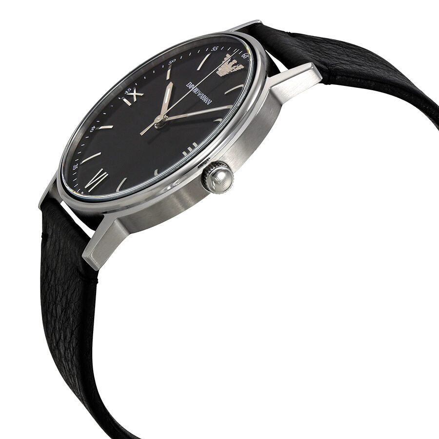 Side angle view of Emporio Armani Kappa watch with stainless steel case and black leather strap