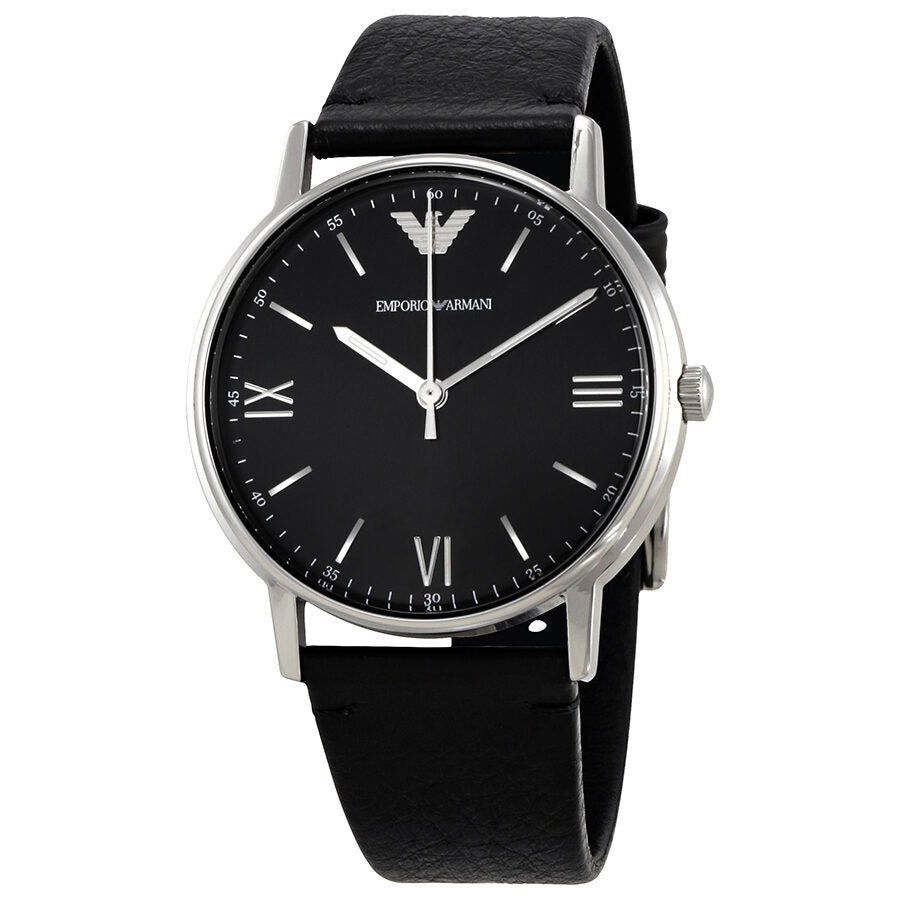 Emporio Armani Kappa black dial watch with Roman numerals and black leather strap