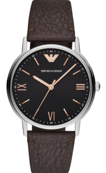 Emporio Armani Kappa men's watch with black dial, Roman numerals, stainless steel case, and brown leather strap