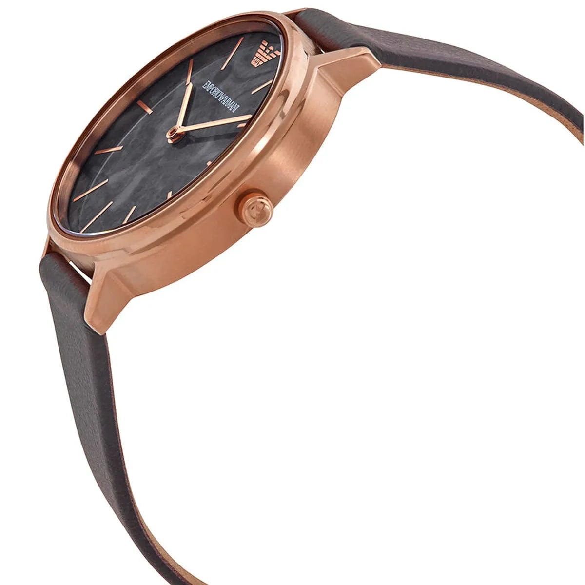 Emporio Armani Kappa watch angled view grey marbled dial rose gold case