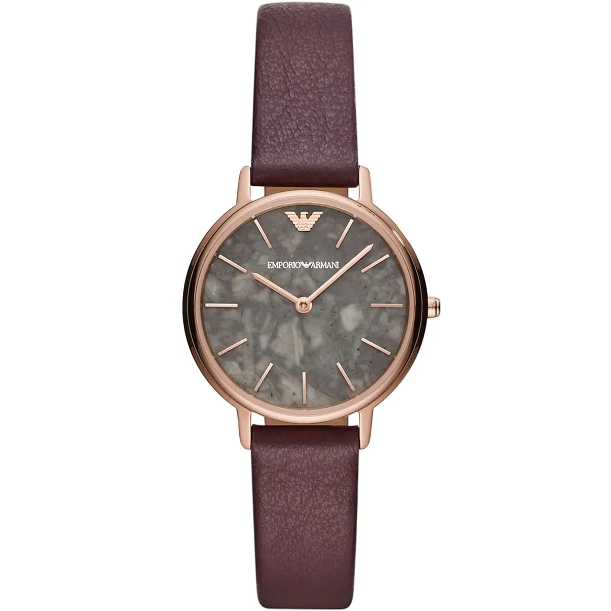 Emporio Armani Kappa ladies watch grey marbled dial rose gold case burgundy strap