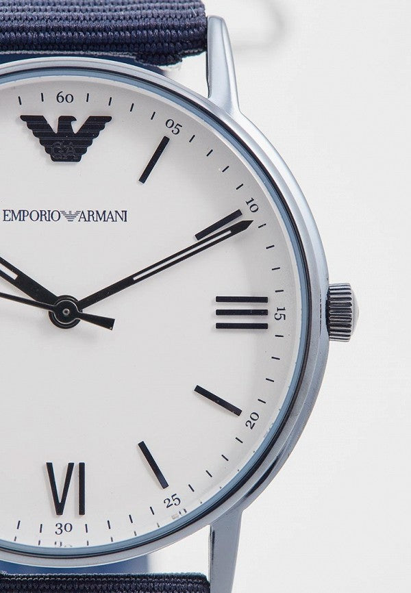 Close-up of Emporio Armani Kappa AR80005 white dial with Roman numerals and blue hands