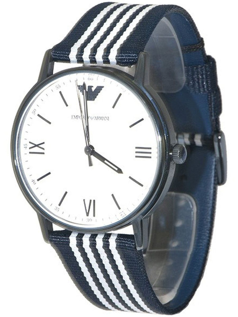 Side view of Emporio Armani Kappa AR80005 with navy and white striped fabric strap