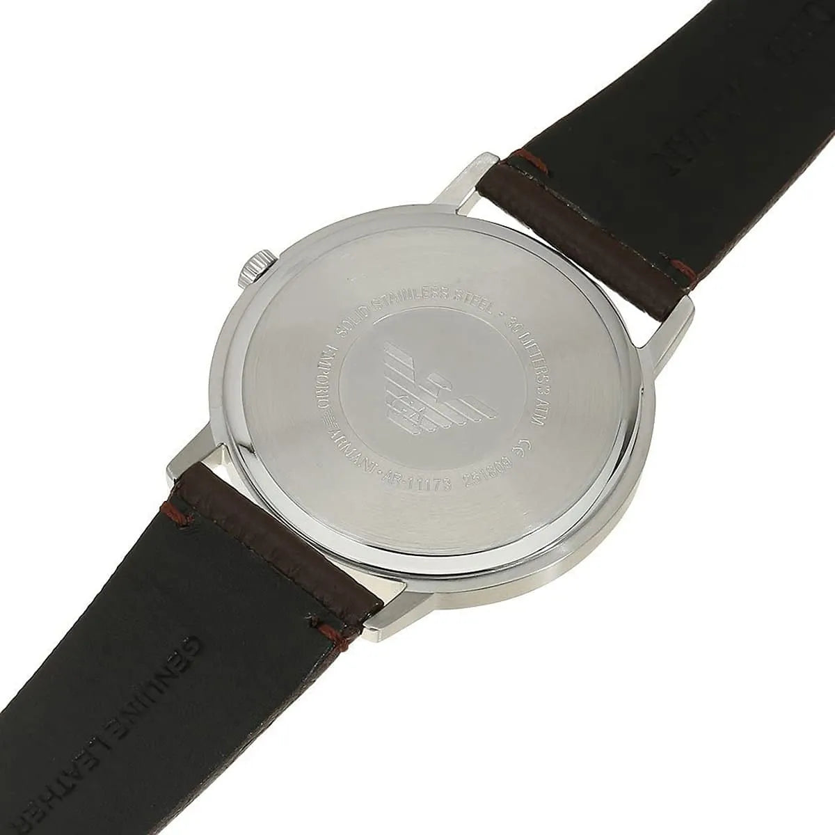 Emporio Armani Kappa watch strap detail showing brown leather with metal clasp