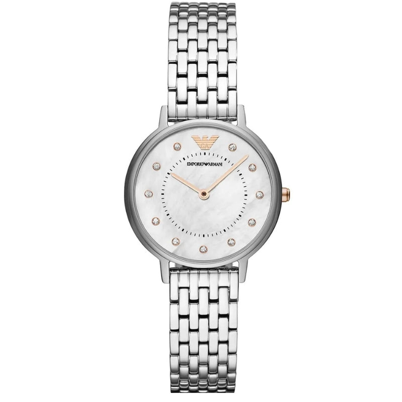Emporio Armani Kappa quartz watch with white dial, crystal hour markers, silver steel bracelet