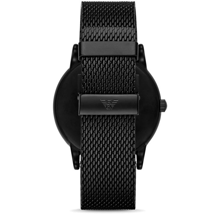 Emporio Armani Luigi watch shown from side angle with black mesh strap and case