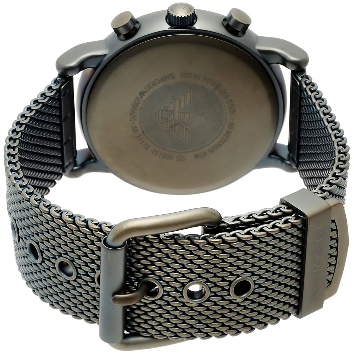 Emporio Armani Luigi AR11115 stainless-steel caseback with Emporio Armani logo and mesh strap