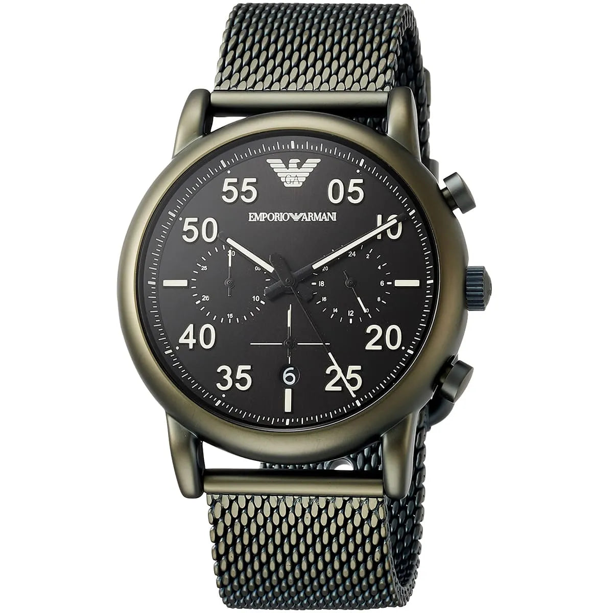 Emporio Armani Luigi AR11115 chronograph watch front view with black dial and chronograph subdials