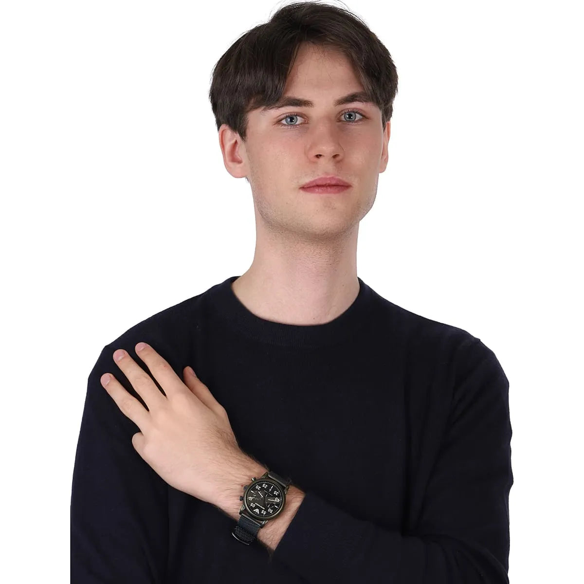 Man wearing Emporio Armani Luigi AR11115 black dial chronograph watch