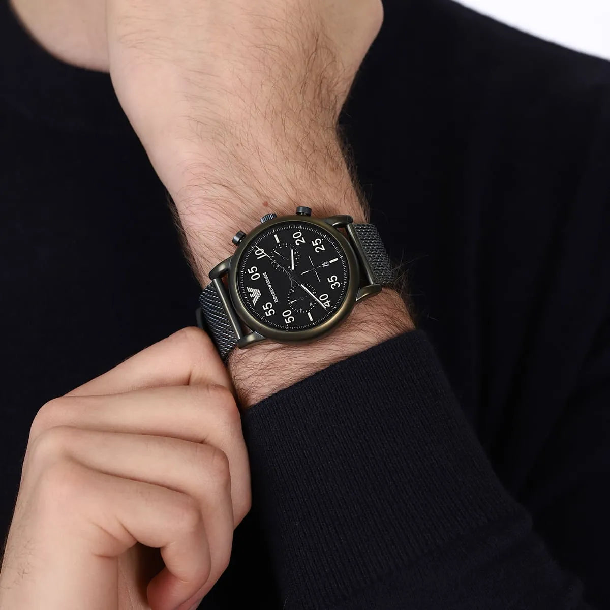 Emporio Armani Luigi AR11115 black chronograph watch worn on wrist