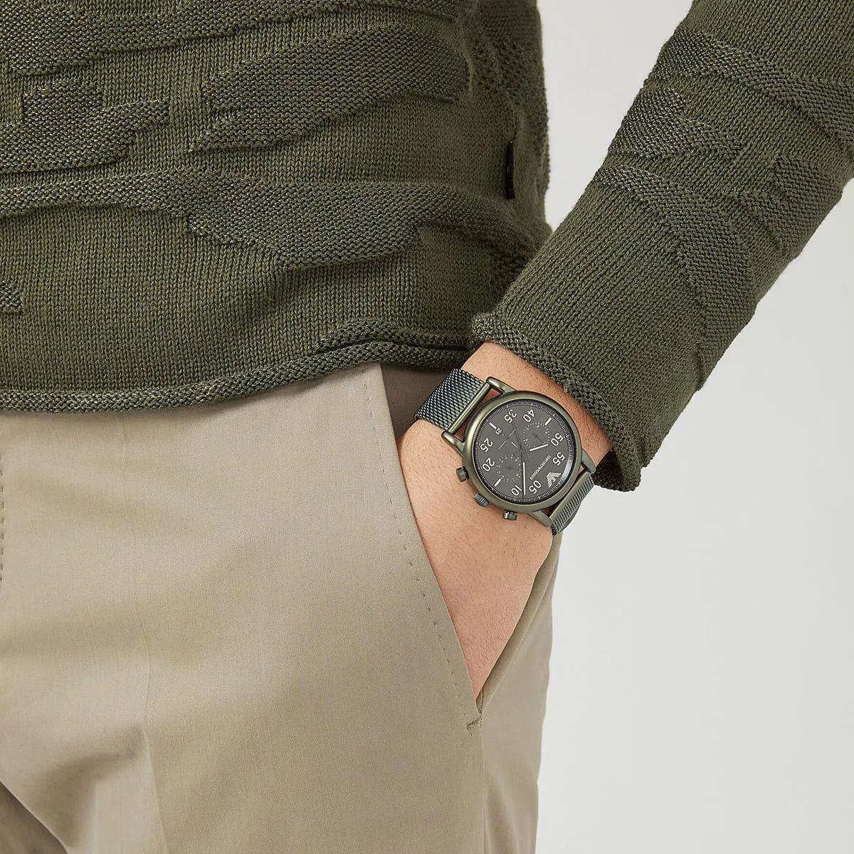 Emporio Armani Luigi AR11115 stainless-steel chronograph watch worn on wrist with casual styling