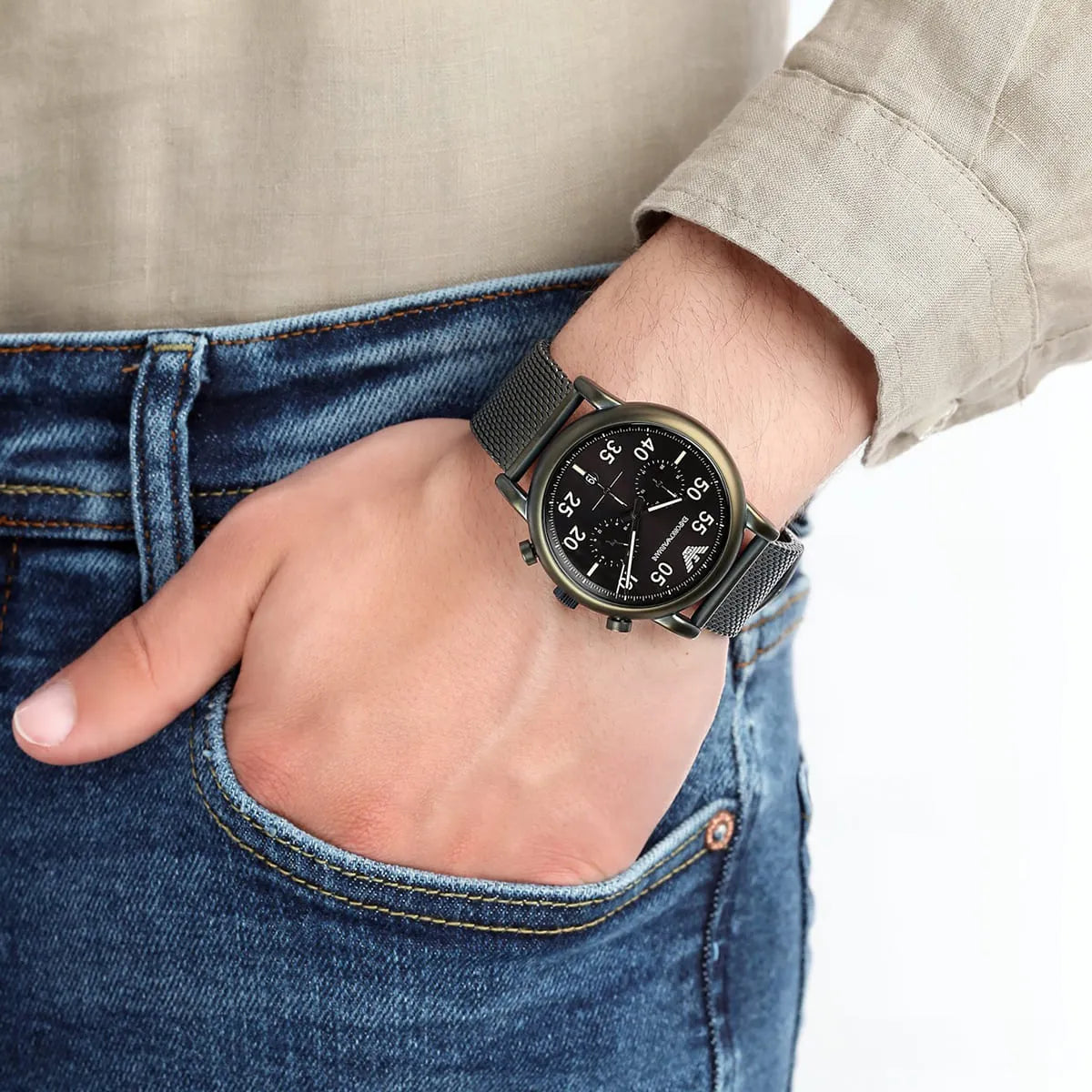 Emporio Armani Luigi AR11115 black watch on wrist with black dial visible