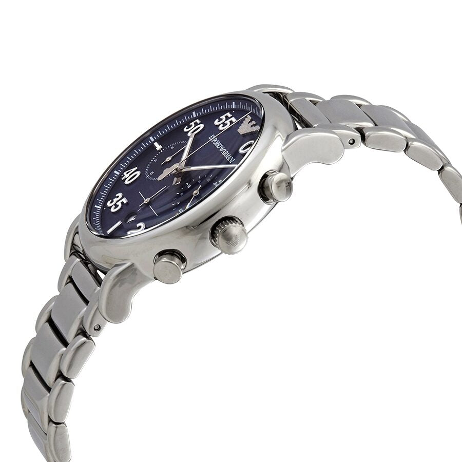 Side angle view of Luigi chronograph watch showing silver case and blue dial with chronograph subdials