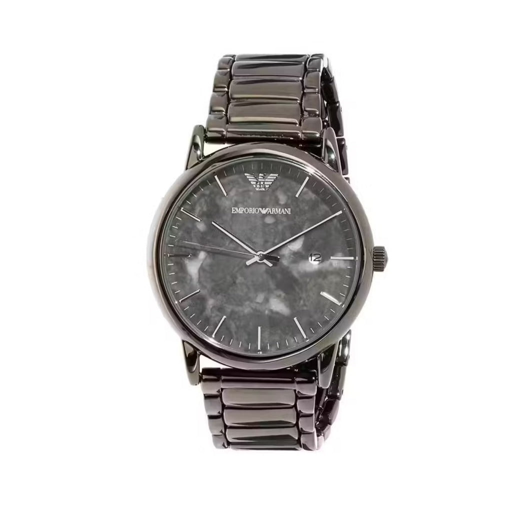 Side angle of Emporio Armani Luigi AR11155 grey watch with bracelet