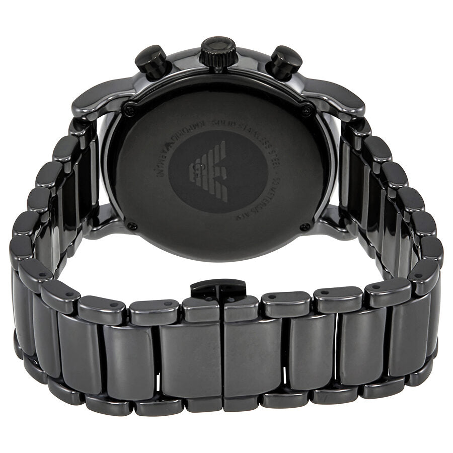 Emporio Armani Luigi ceramic chronograph caseback showing watch movement and branding